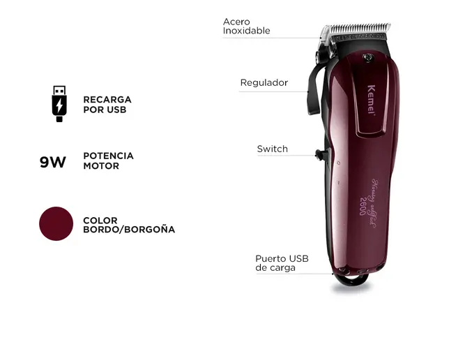 Kemei KM-2600 - Cortadora de Pelo Profesional Bordó imagen 3